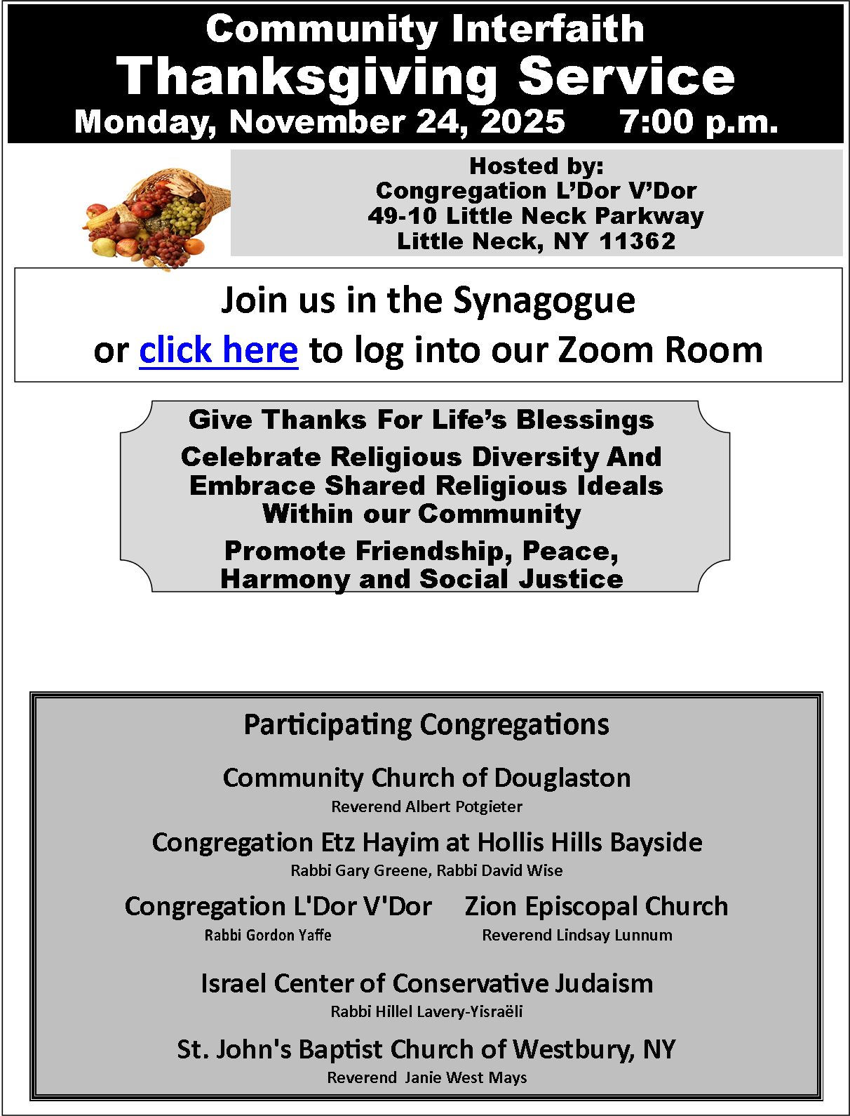Interfaith Thanksgiving Service November 24 at 7 PM at Congregation L'Dor VaDor, co-sponsored by ICCJ