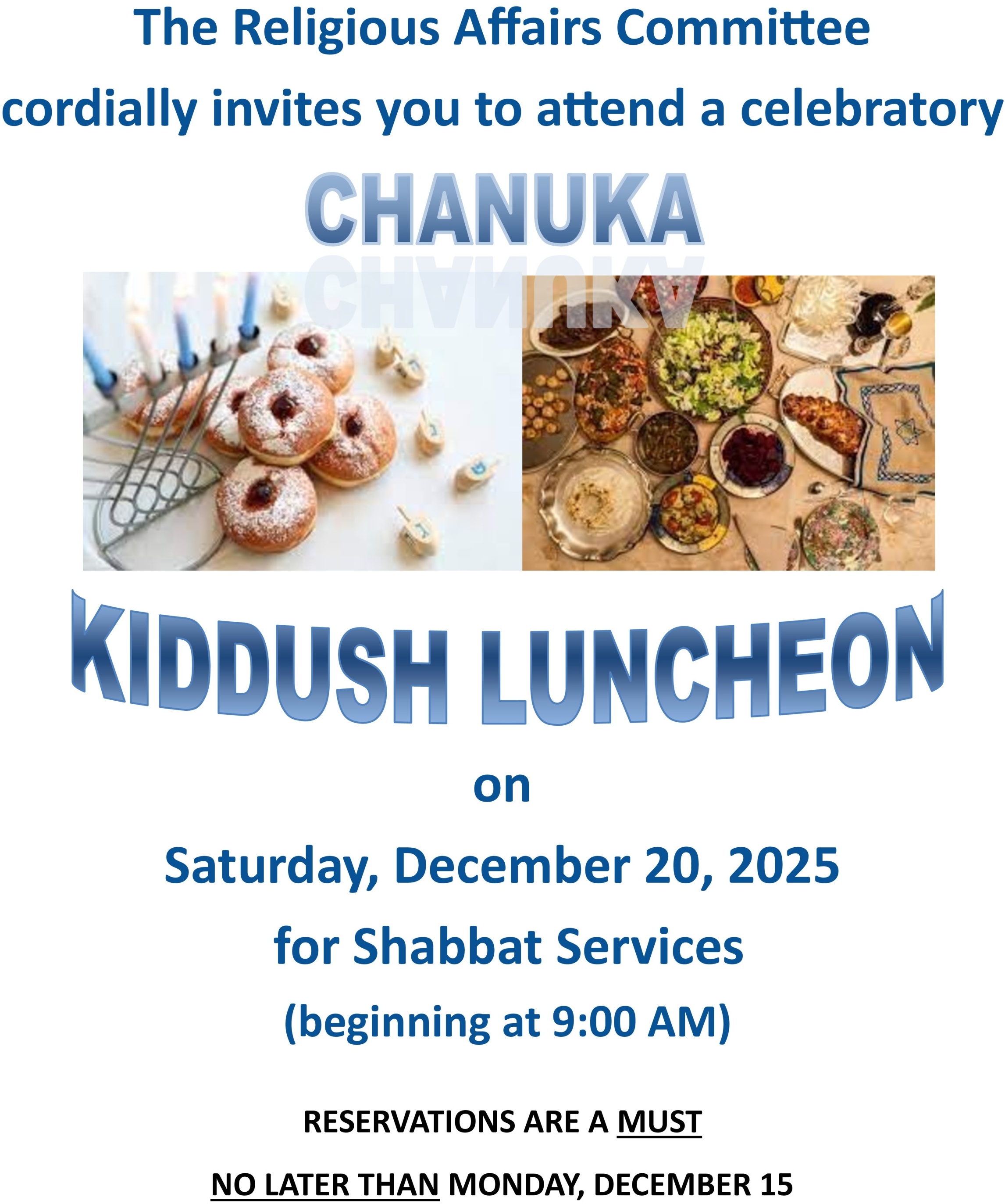 Shabbat Chanuka Luncheon, December 20, 2025 following Shabbat morning services which begin at 9:00 AM. RSVP online at iccj2004.org/chanuka-luncheon