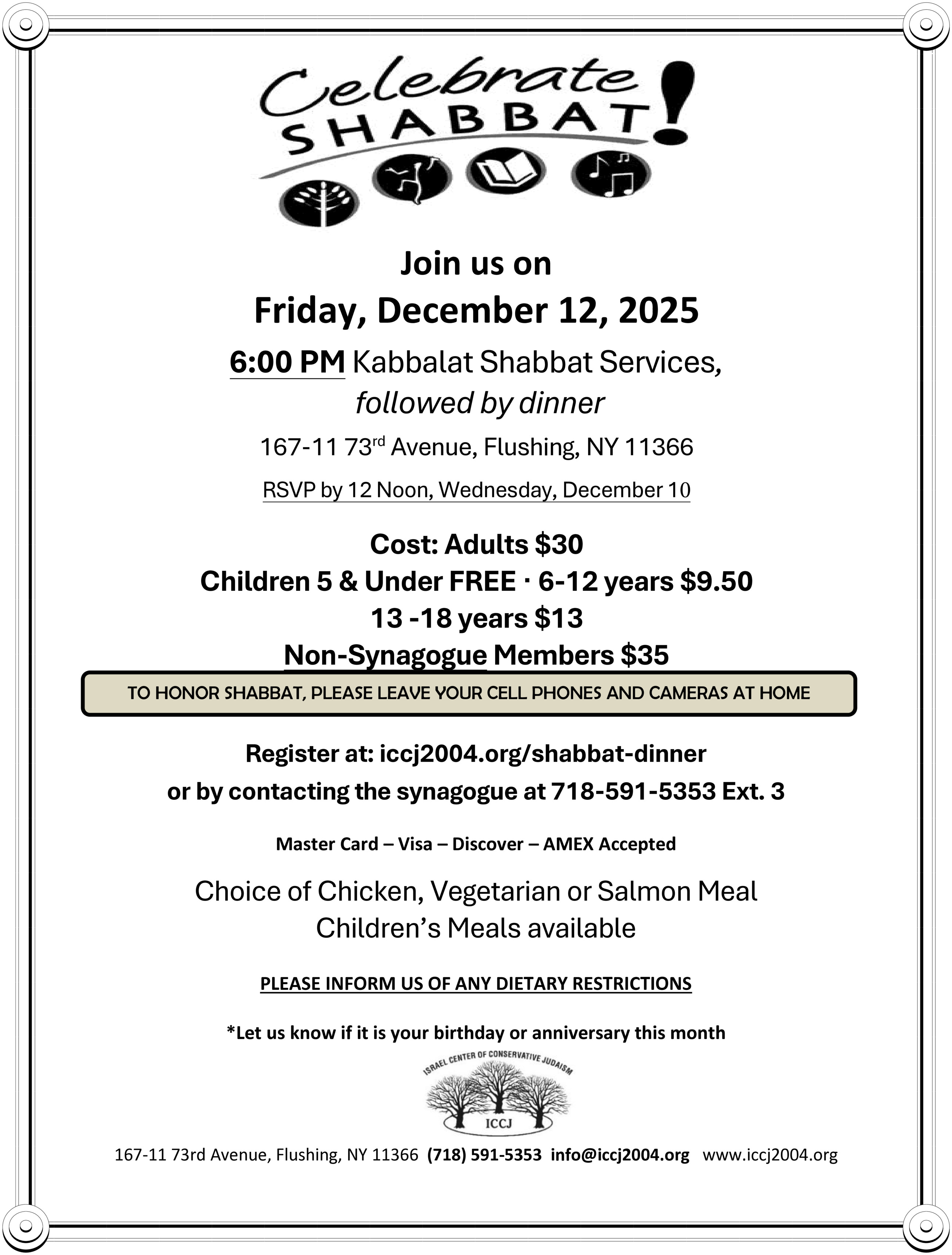 Shabbat Dinner, Friday Dec 12, 2025. Service 6 PM, dinner after. Sign up online.