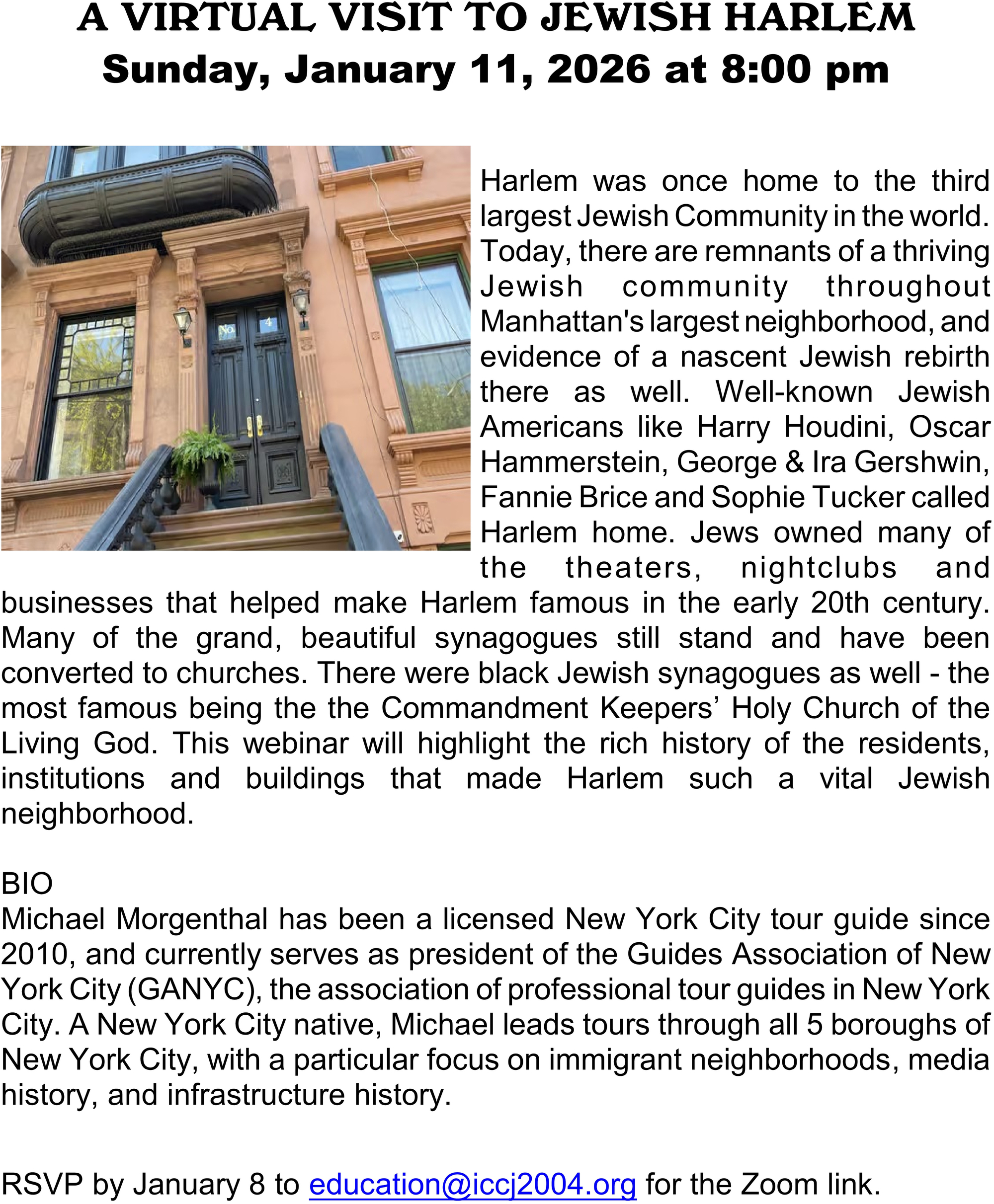 Virtual Visit to Jewish Harlem on Zoom